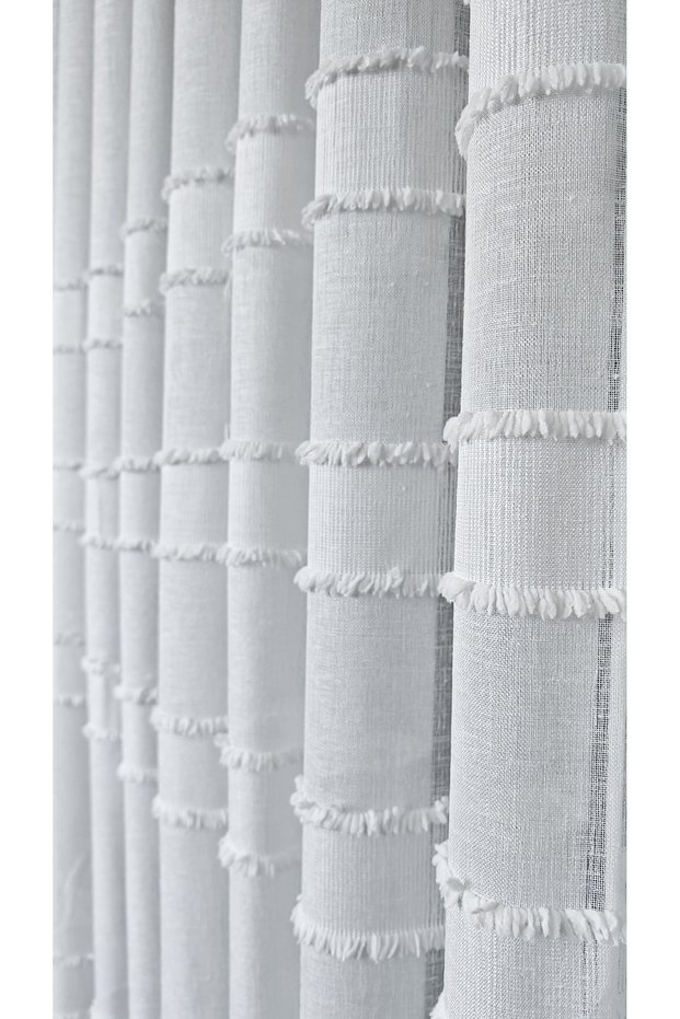 Ecru Linen Tulle Curtain with Fringe 1/3 Dense Pleats Wrinkle-Resistant Non-Ironing Skirt with Lead Detail