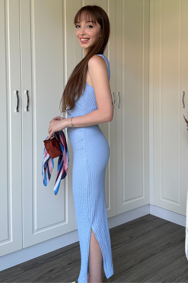 Gofre Kumaş Mavi Midi Elbise - 5