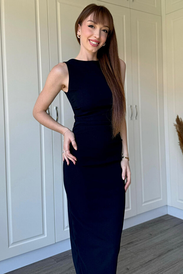 Rochie Midi Bleumarin Drapeli - 5