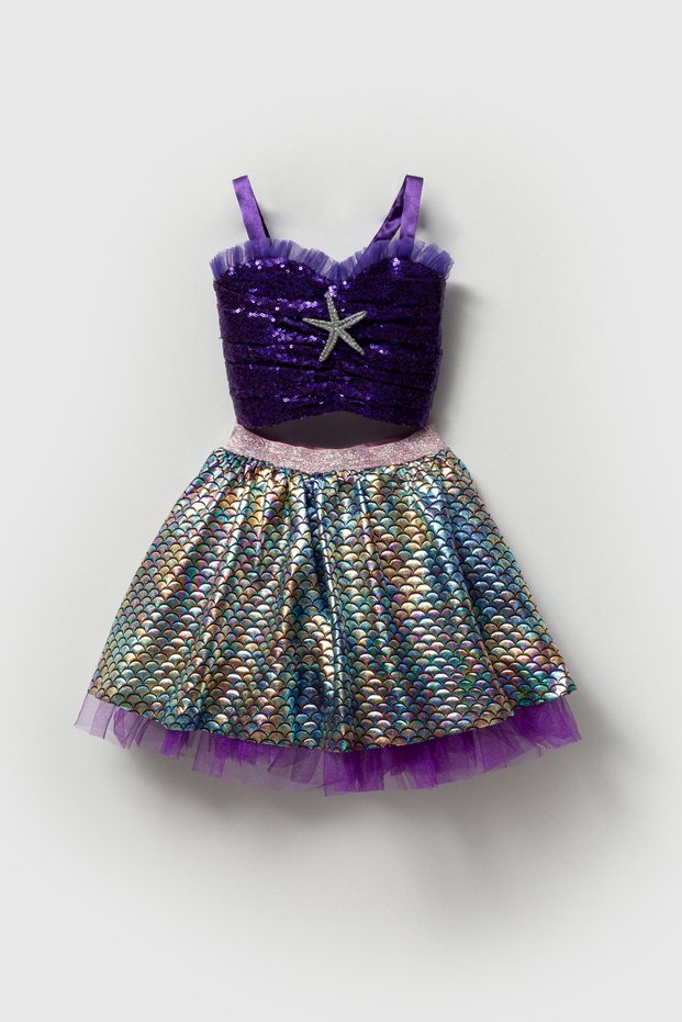 Girl's Sequined Purple Mermaid Themed Set - Strappy Crop Top and Sequin Detailed Skirt
