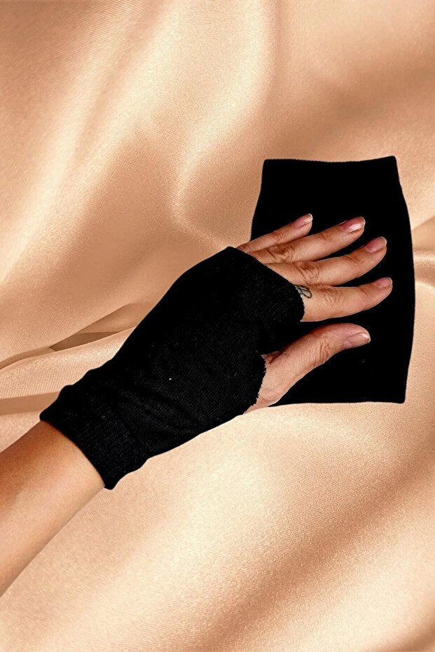 Plain Black Cut-Finger Double Short Sleeve Gloves