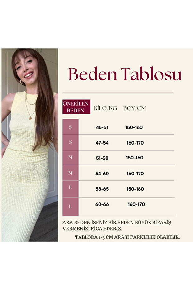 Gofre Kumaş Sarı Midi Elbise - 5