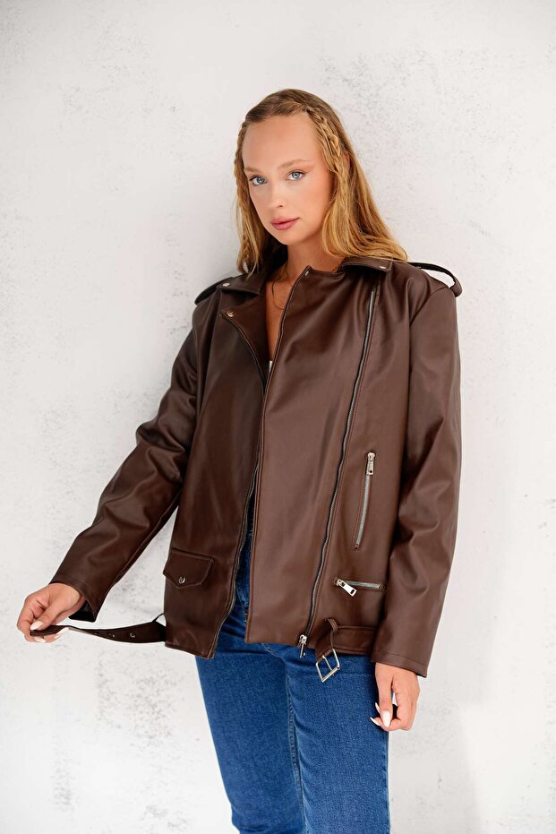 Kadın Oversize Biker Deri Ceket - 6