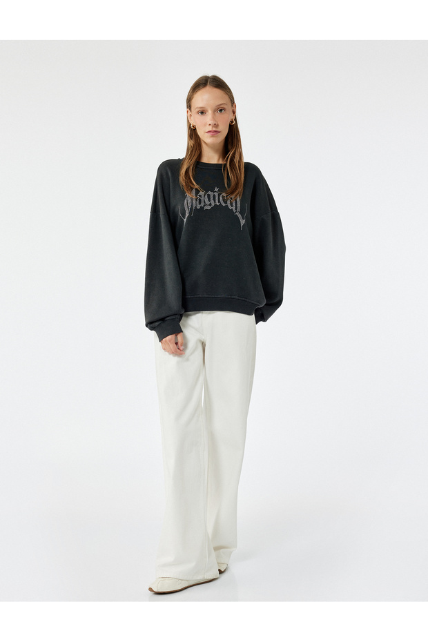 Raised Long Sleeve Crew Neck Stone Printed Oversize Sweatshirt
