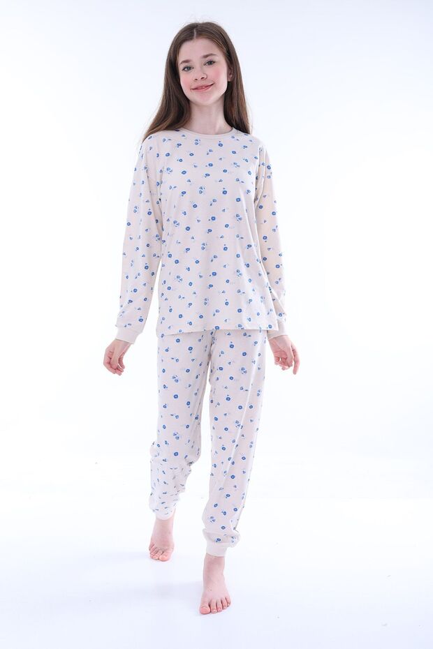Minimal Flower Detailed Blue Girls' Pajama Set