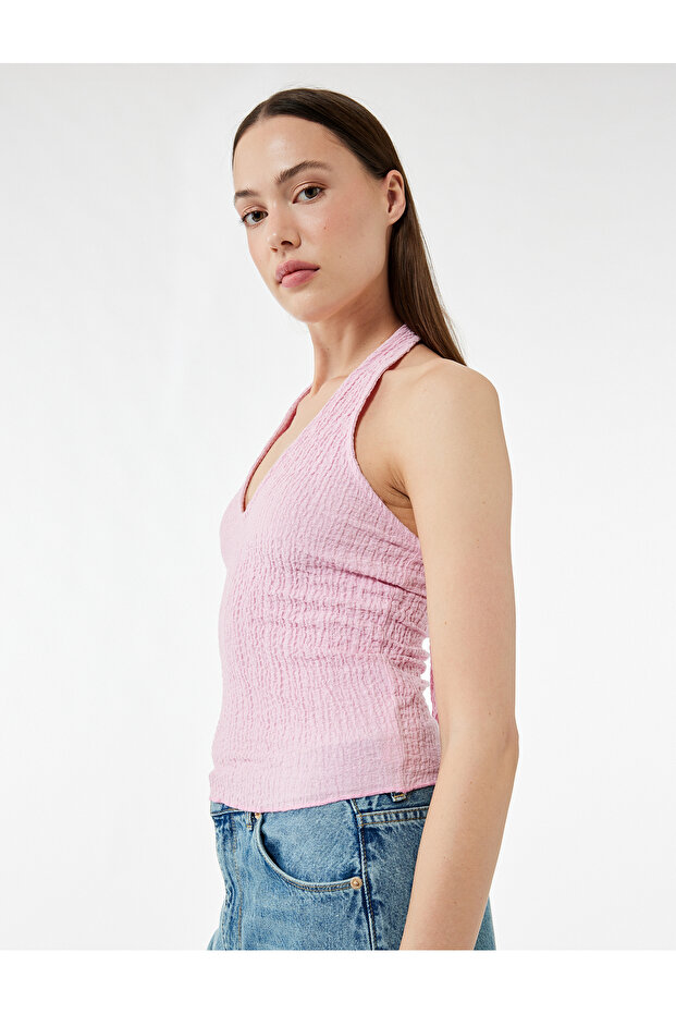 Wrap Fabric Slim Fit Back Low-Cut Halter Neck Top