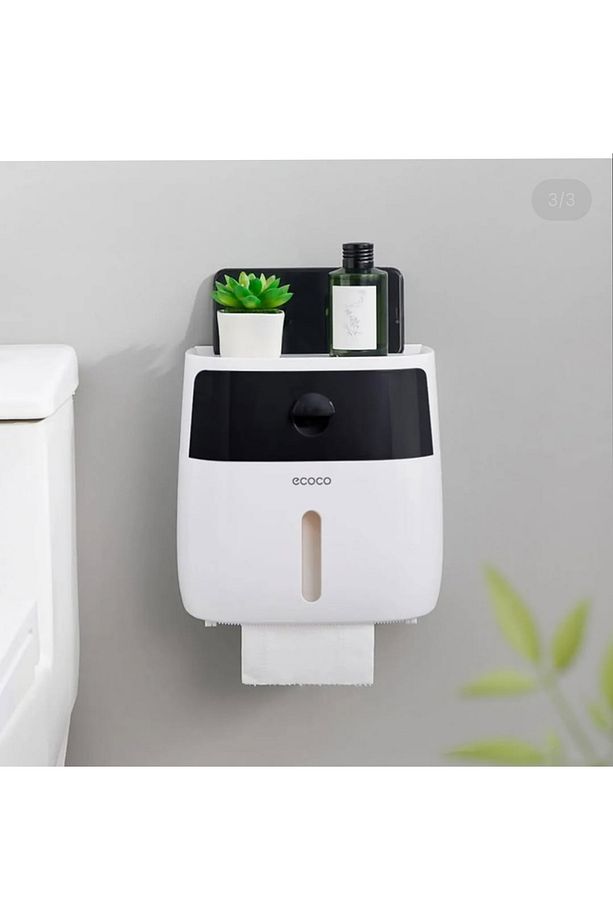 Ecoco Duvara Yapışkanlı Suya Dayanıklı Tuvalet Kağıdı Banyo Saklama Kutusu Çekmeceli Siyah Beyaz - 2