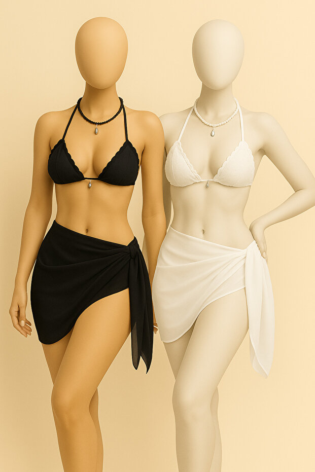 2’li Plaj Pareo Şifon Siyah Ve Beyaz Set 150x50 - 1