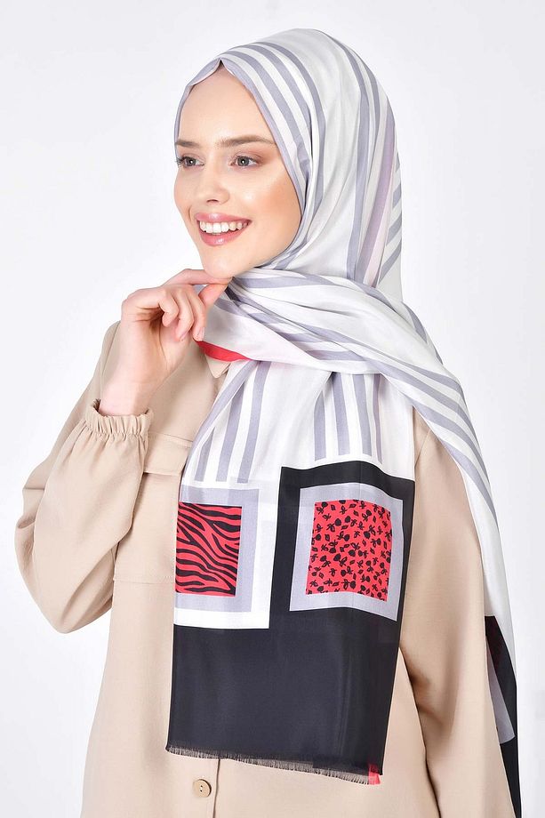 Kadın Kare Desenli %100 Saf Ipek Şal Siyah - 3