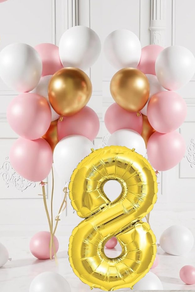 8 Year Old Retro Gold Pink White Balloon Set Birthday Balloon with Gold Numbers Stylish Party Ornament