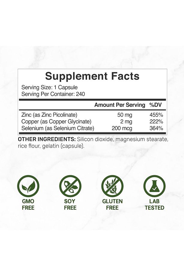 Zinc Picolinate (Çinko) 50mg with Selenium + Copper(Bakır)240 Caps Supports Healthy - 2