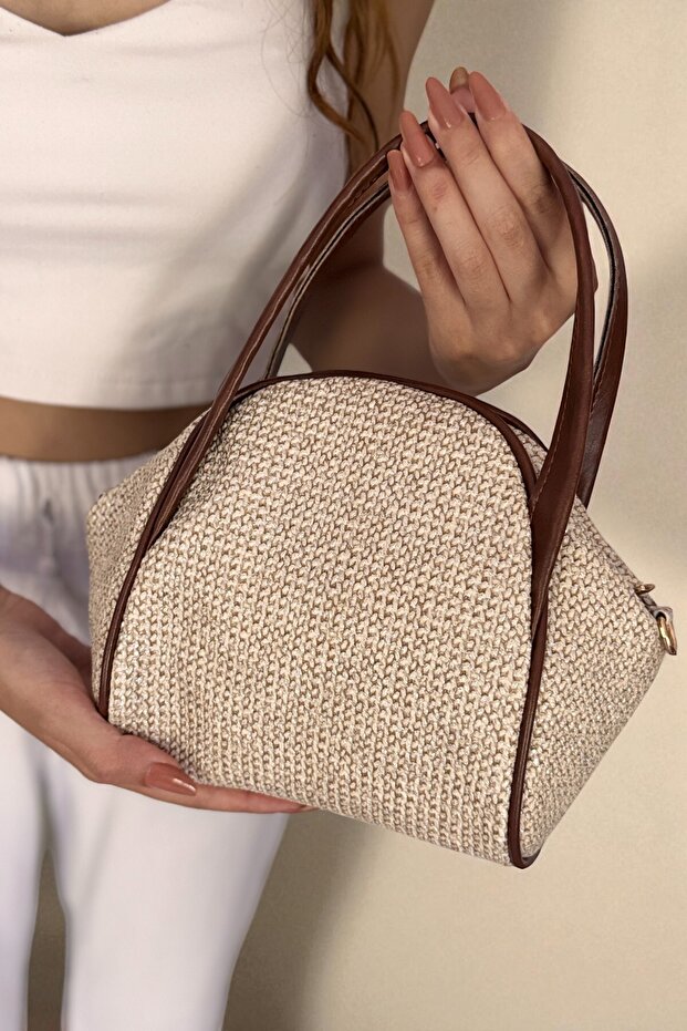Kadın Krem Hasır Dokulu Taba Kulp-Çizgi Detaylı Minimal El ve Omuz Çantası - 7