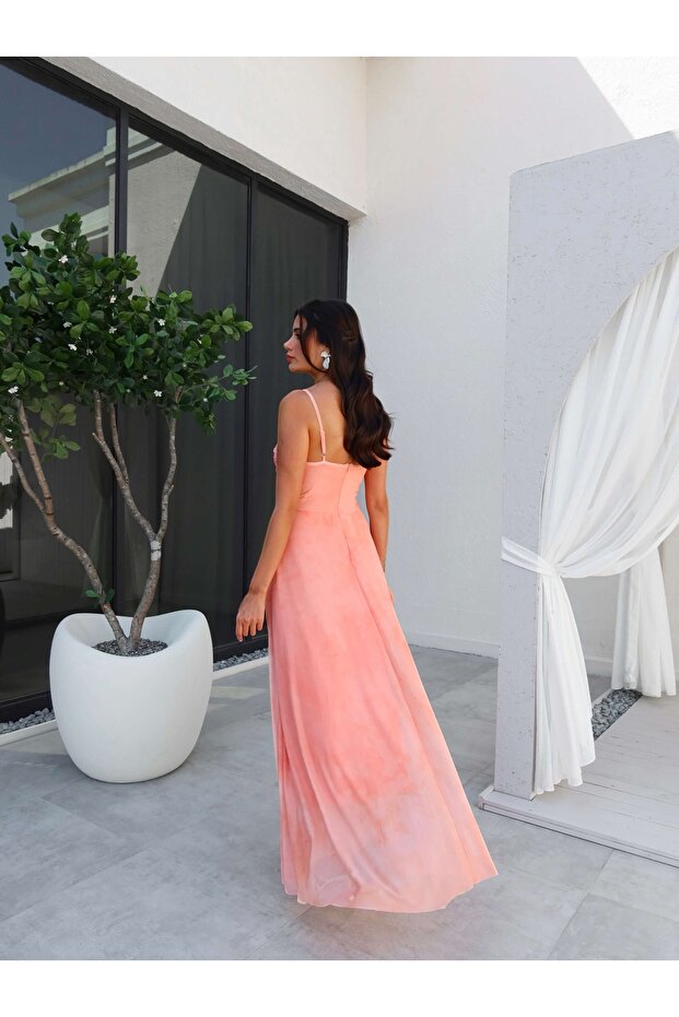 Askılı Drapeli Şifon Elbise - 5