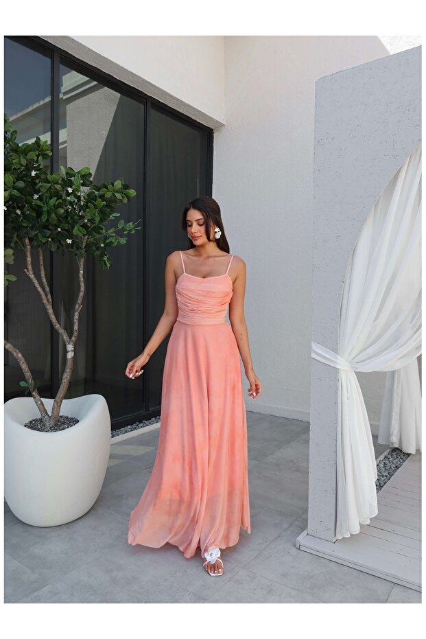 Askılı Drapeli Şifon Elbise - 6