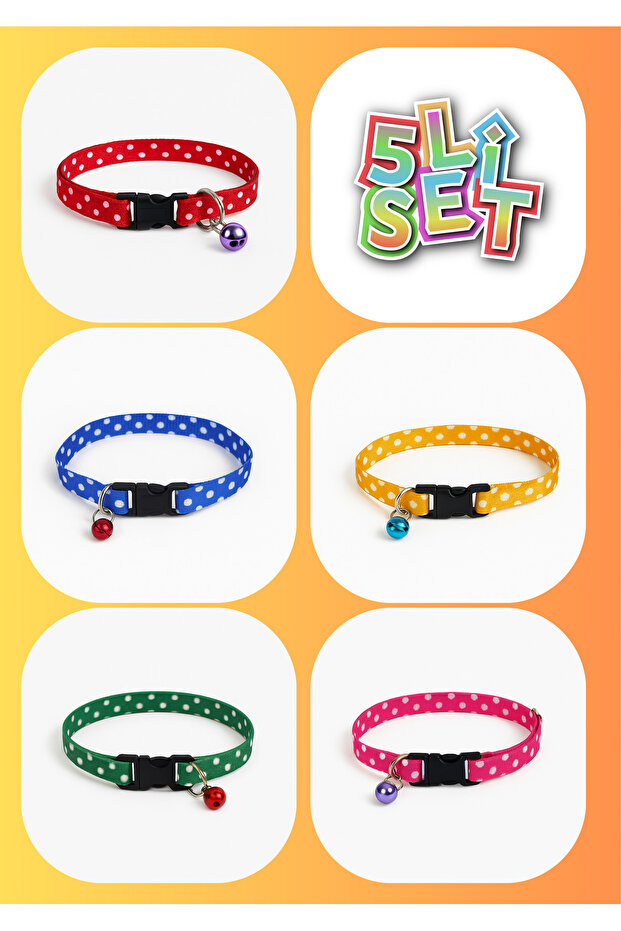 Cat Collar with Bell Set of 5 20-30 cm Red Blue Green Yellow Pink