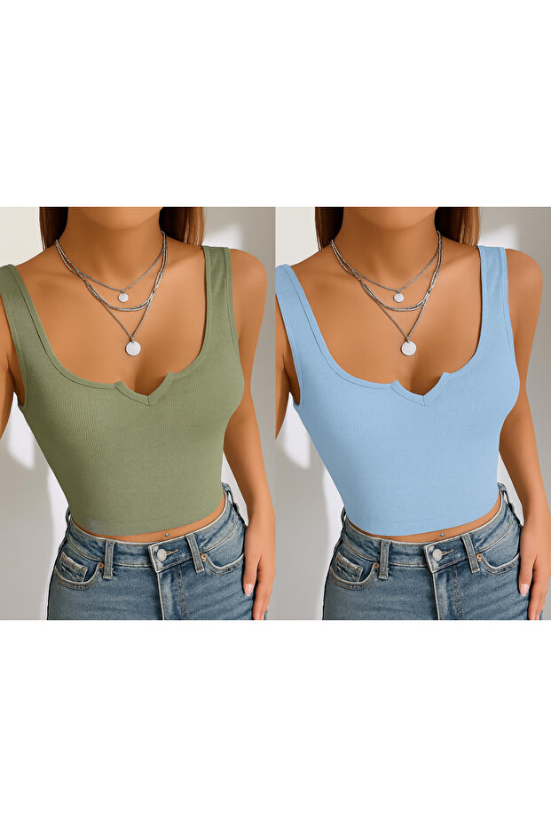 Women's Ribbed 2-Piece Cotton Knitted Camisole Small Triangle Collar Crop Strap Blouse Tank Top