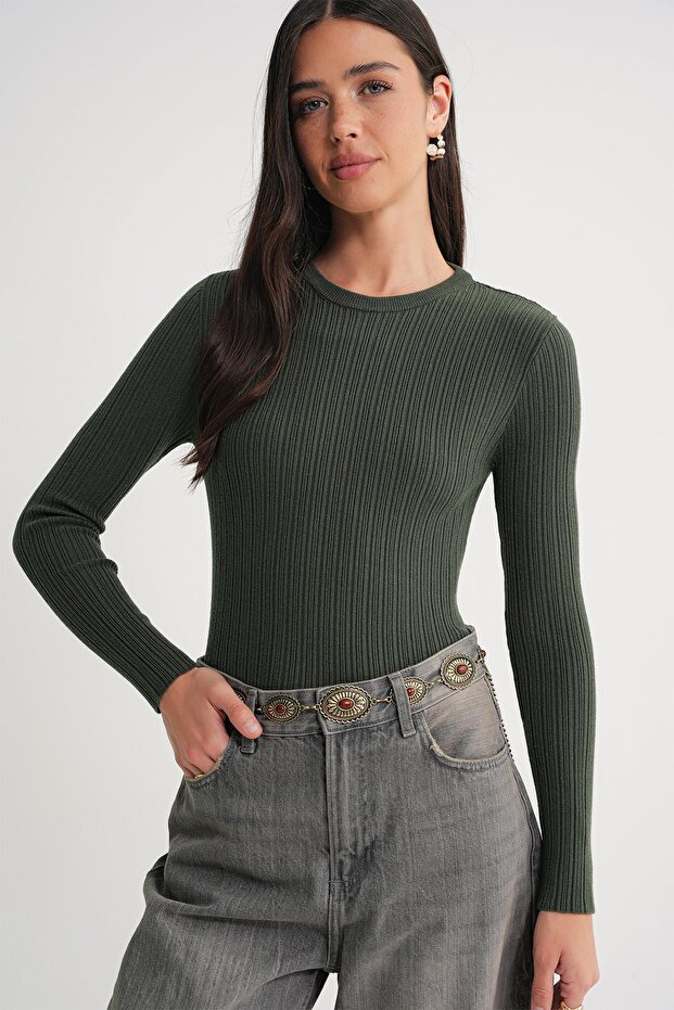 6938 Women's Crew Neck Ribbed Knitwear Body Khaki