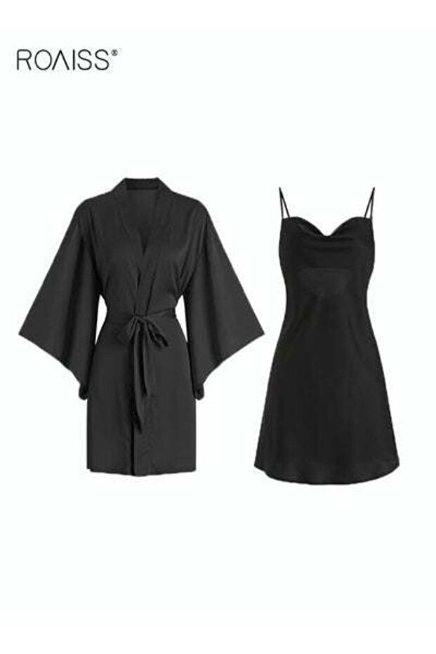 Women Pajamas with V-Neck Design Women Home Wear Set Same Color Outer Robe Lace Element Nightgown