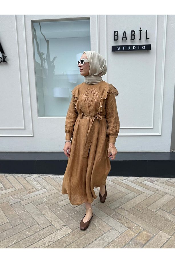 25SSELB0024 Nakış İşlemeli Kadın Elbise Camel - 4