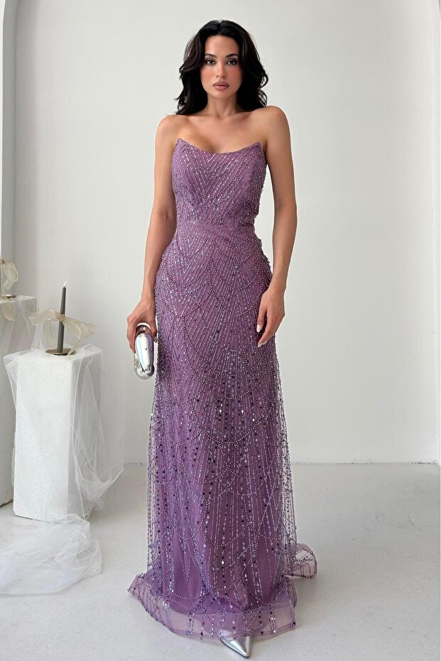 Lilac Beaded Embroidered Sequined Strapless Evening Dress