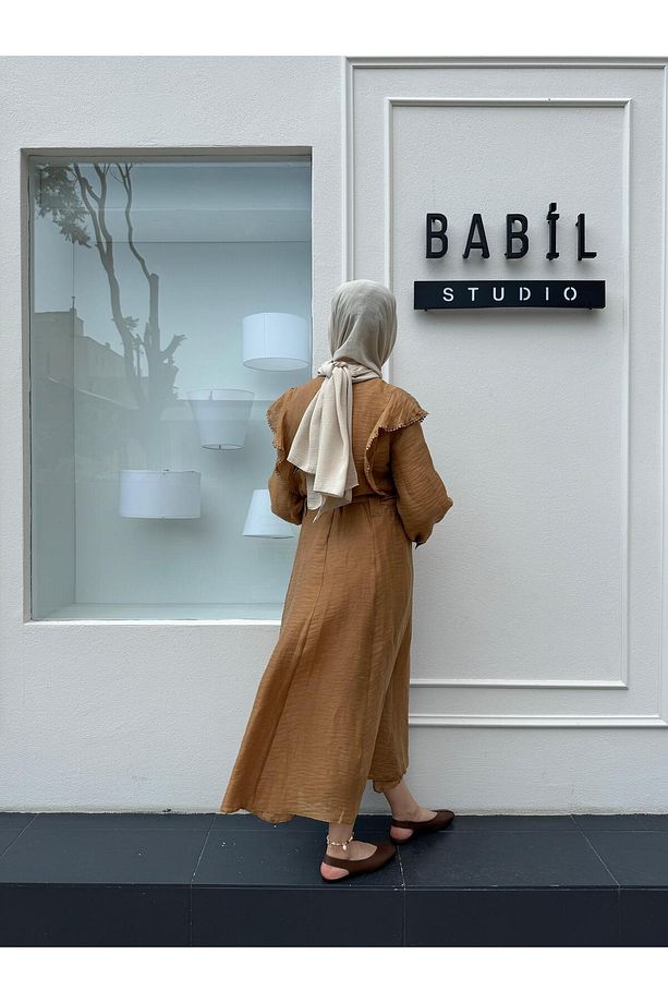 25SSELB0024 Nakış İşlemeli Kadın Elbise Camel - 5