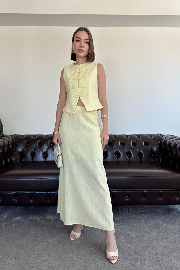 Yellow Brit Detailed Vest Skirt Suit - 8749
