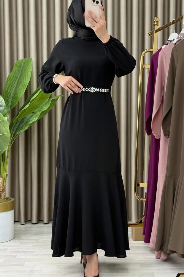 Mi̇zgi̇n Elbi̇se Crepe Fabric Women's Black Belted Skirt with Stones and Ruffles Stylish Tessiture Dress