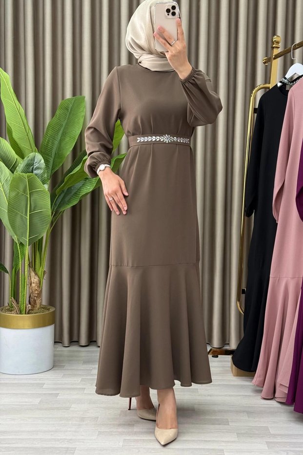 Mi̇zgi̇n Elbi̇se Crepe Fabric Women's Brown Stone Belted Skirt with Ruffles Stylish Brown Dress