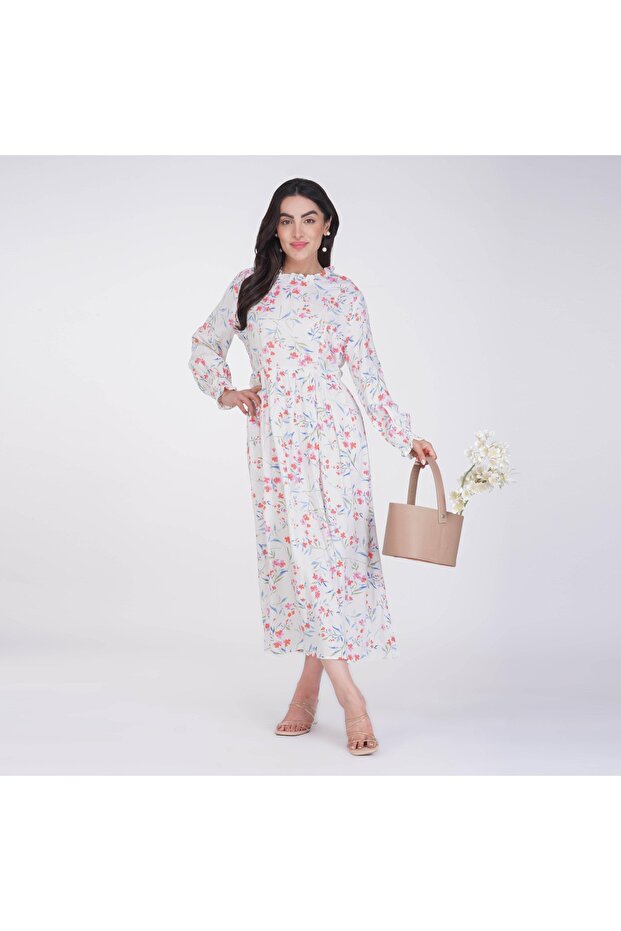 Rayon White Floral Maxi Dress – High Neck with Elastic Cuff, Available in 3 Colors.