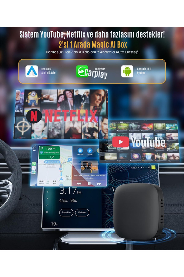 Wireless CarPlay ve Android Auto Dönüştürücü | Netflix & YouTube Destekli 3 in 1 AI Box Lite - 3