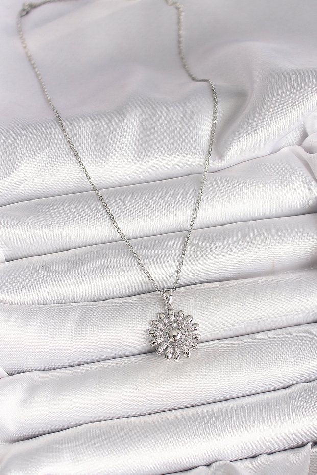 Silver Steel Chain Sun Design Necklace with Zircon for Elegant Woman