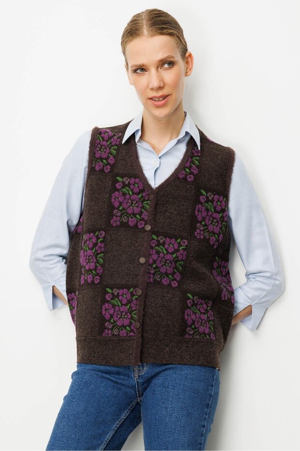 Kadın Pıtırcık Çiçekli Patchwork Keçe Yün Yelek K.Kahve_A.Mor - 3