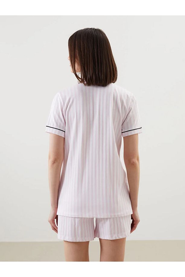 LCW DREAM Ekru Gömlek Yaka Çizgili Kadın Şortlu Pijama Takımı - 4