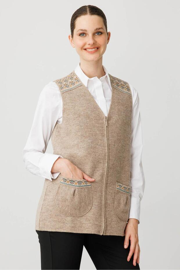 Women's V-Neck Front Felt Zippered Short Wool Vest K.Beige