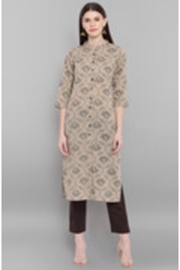Premium cotton office / casual kurti - Light grey kurti / kurta for women with balck ethnic prints