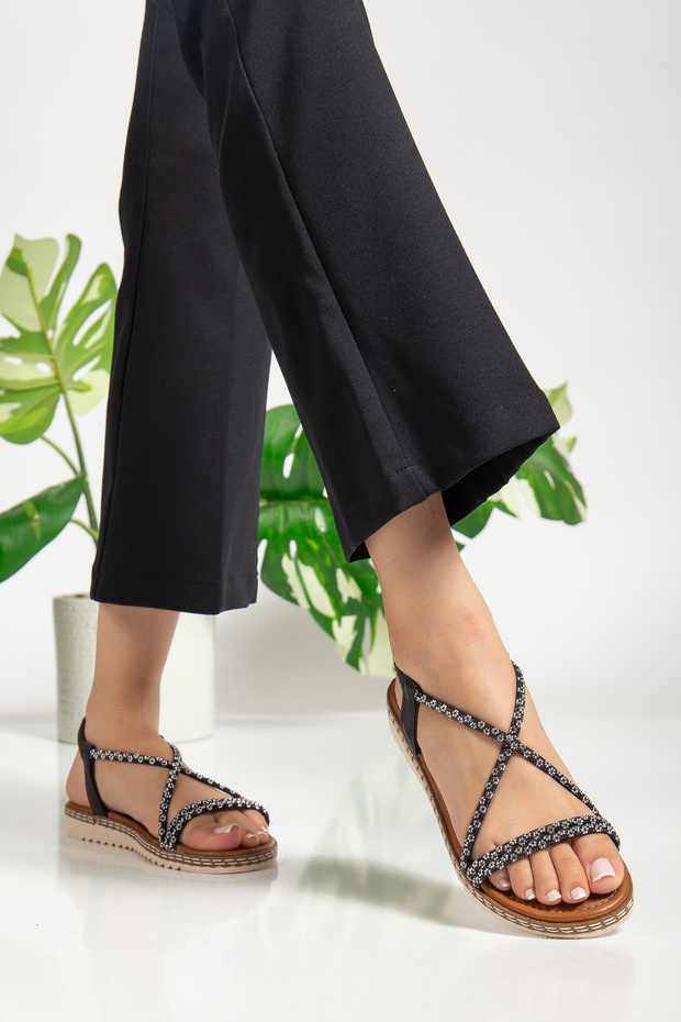 Black Stone Patterned Sandals - 3