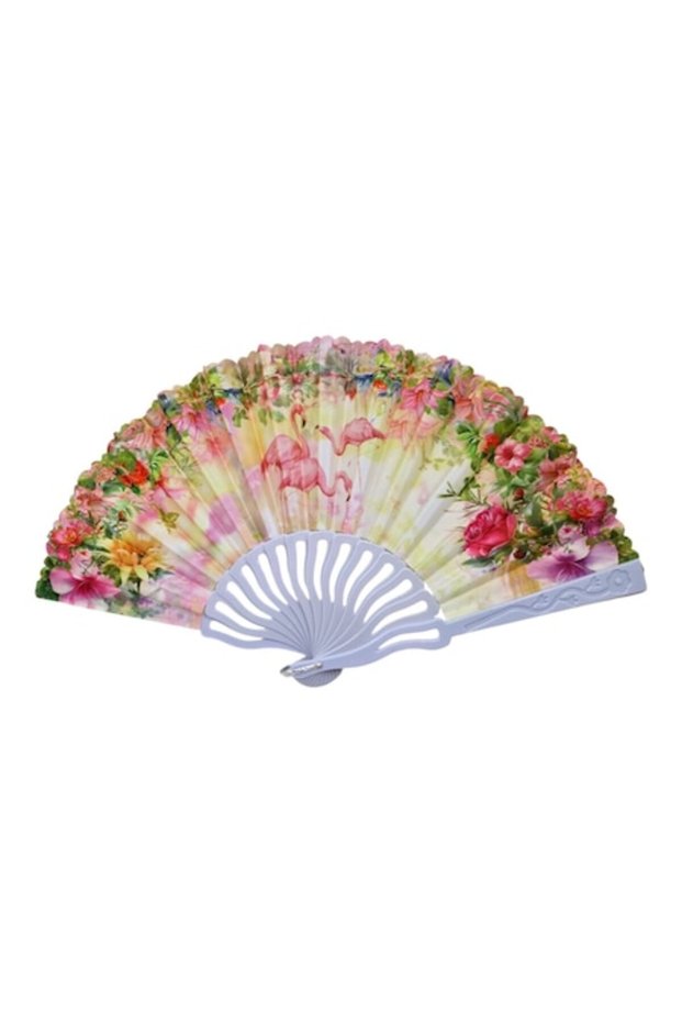 Plastic and textile fan, foldable, flamingo pattern, red