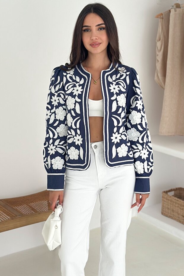 Women's Navy Blue White Floral Embroidered Long Sleeve Chic Jacket