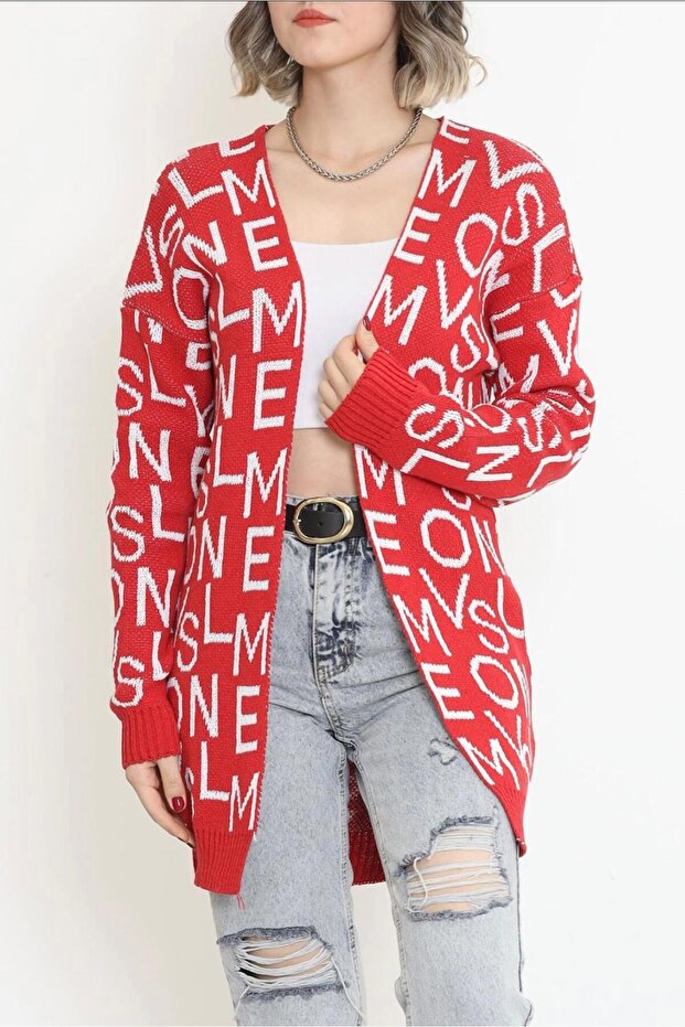 Women's Letter Detailed Wool Pique Cardigan Red