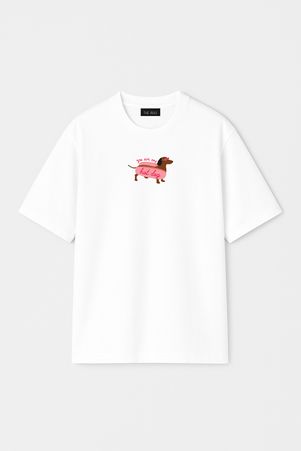 Women's Hot Dog Printed Oversize 100% Cotton Wide Cut Soft Textured Crew Neck T-Shirt Rf0534