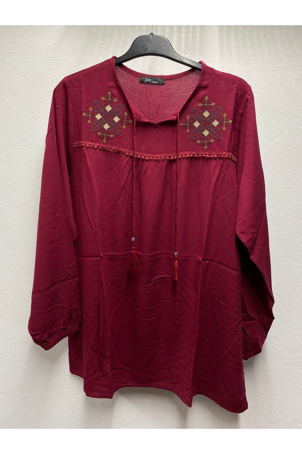 Women's Cotton Ethnic Embroidered Embroidered Tie-Tie Tie-Sleeve Elastic Mother Combed Wide Cut Bluz T-Shirt