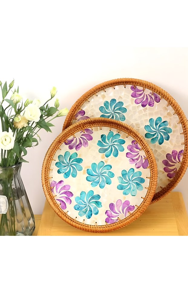Handmade Rattan Tray Set of 2 with Mother-of-Pearl Inlay Round Boho Decorative Trays