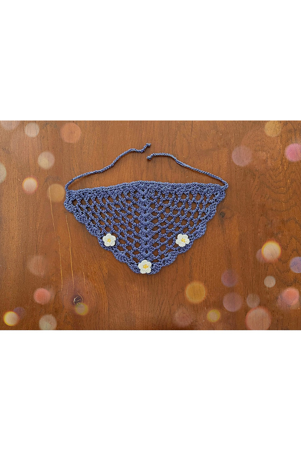 Handmade Blue Jean Macrame Bandana – Bohemian Accessory with Flower Motif