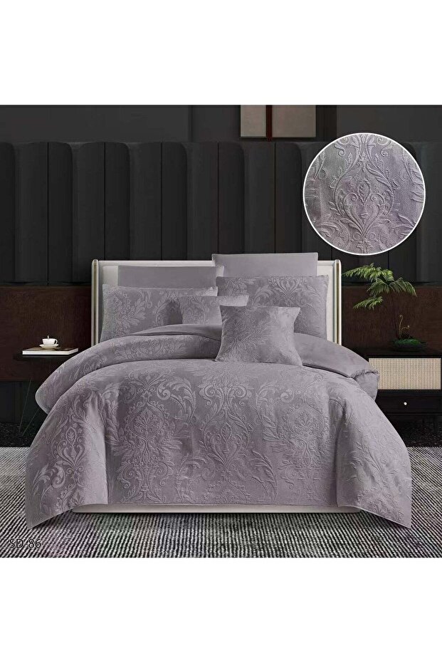 6Pc King Size Embossed Embroidery Jack Cotton Comforter Set Grey