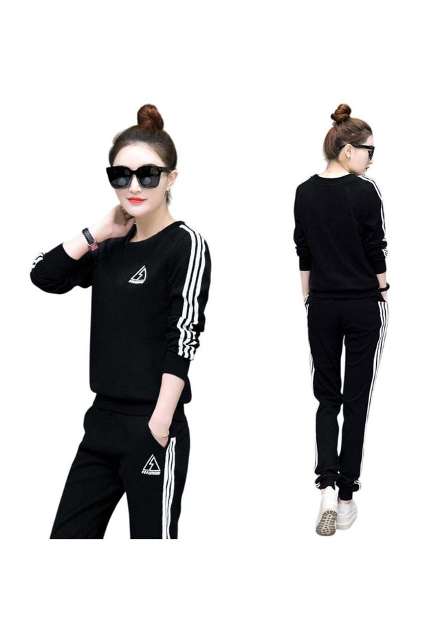 Women's Slim Fit Casual Sports Suit Two-Piece Black Set, Size XXL