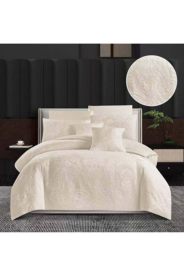6Pc King Size Embossed Embroidery Jack Cotton Comforter Set Cream