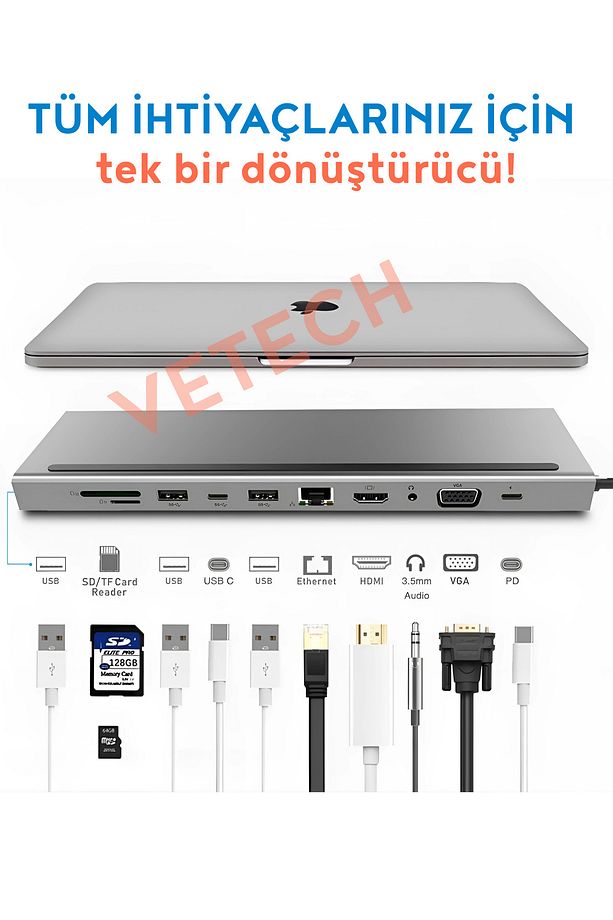 12in1 Type-C Port Çoklayıcı MacBook Uyumlu HDMI/Ethernet/SD/USB 3.0/VGA Çoklayıcı - 3