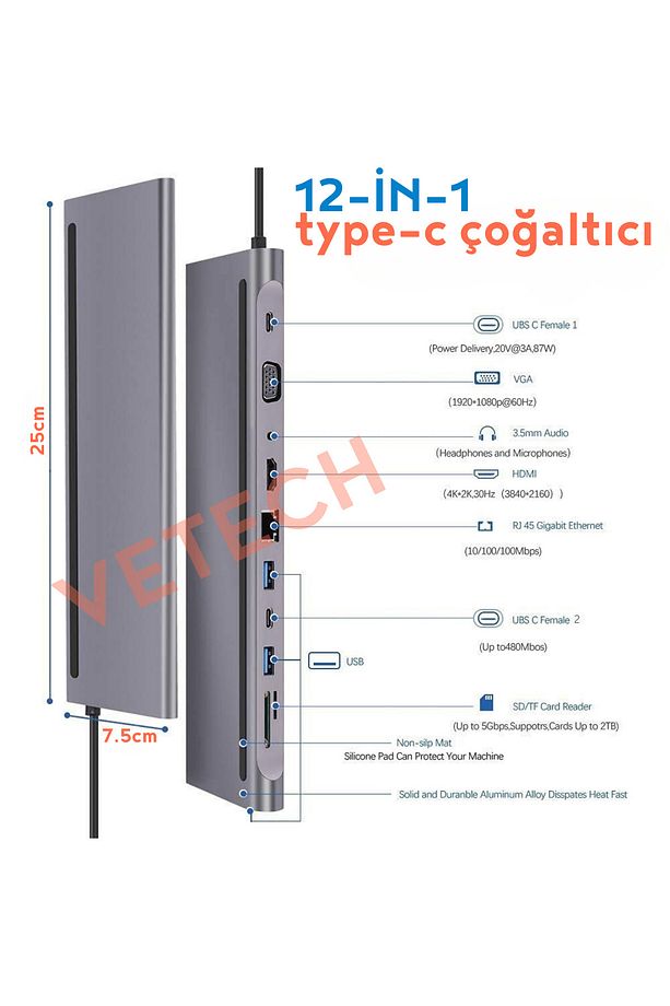 12in1 Type-C Port Çoklayıcı MacBook Uyumlu HDMI/Ethernet/SD/USB 3.0/VGA Çoklayıcı - 4