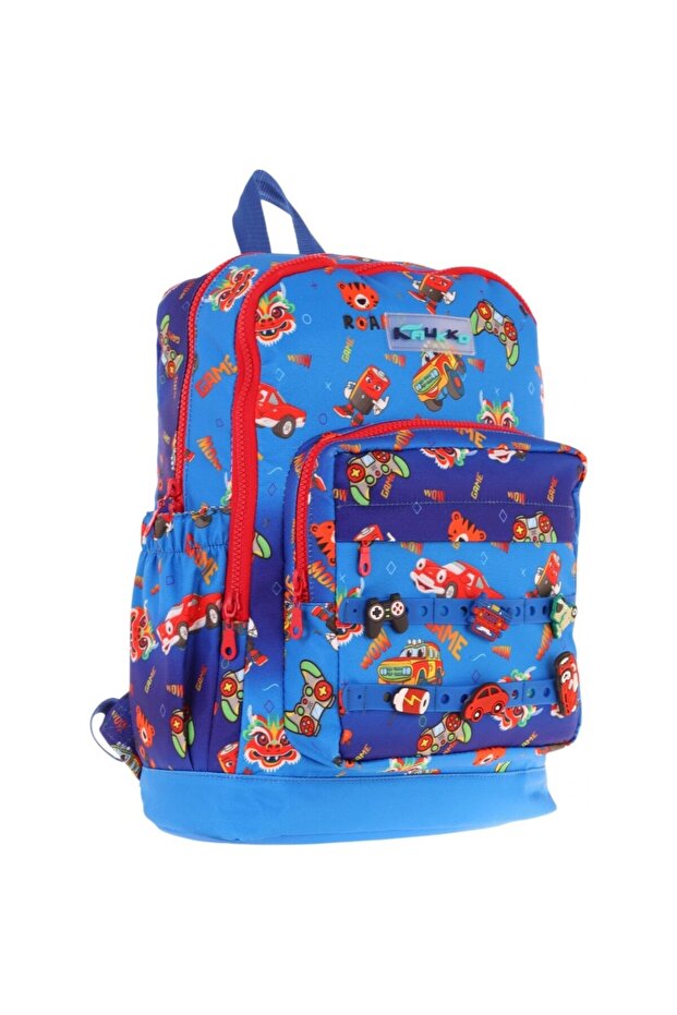 Kids Four Compartment Boys' Blue Red Primary School Bag with Silicone Accessories