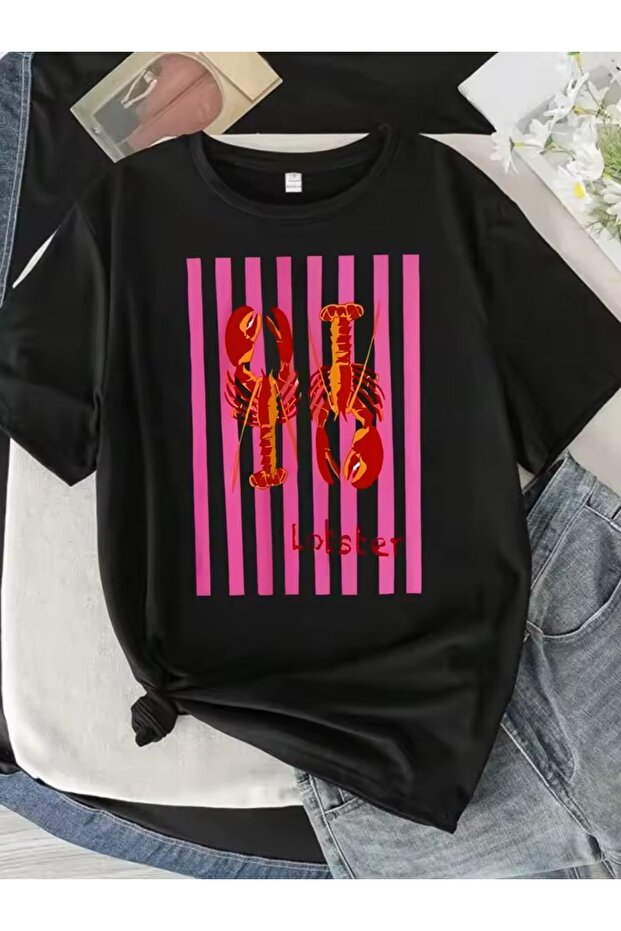 Women's Printed T-Shirt - Colorful Lobster and Stripe Pattern | Fun and Modern Summer Fashion